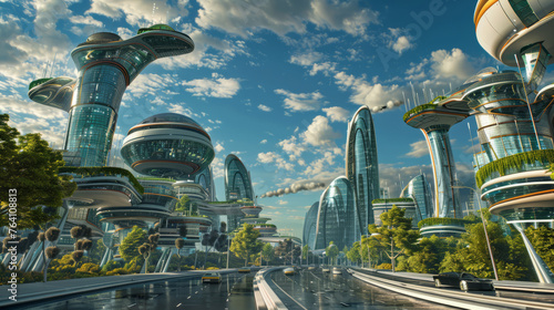 A utopian vision of future cities with eco-friendly skyscrapers and lush greenery, showcasing a harmonious blend of technology and nature photo