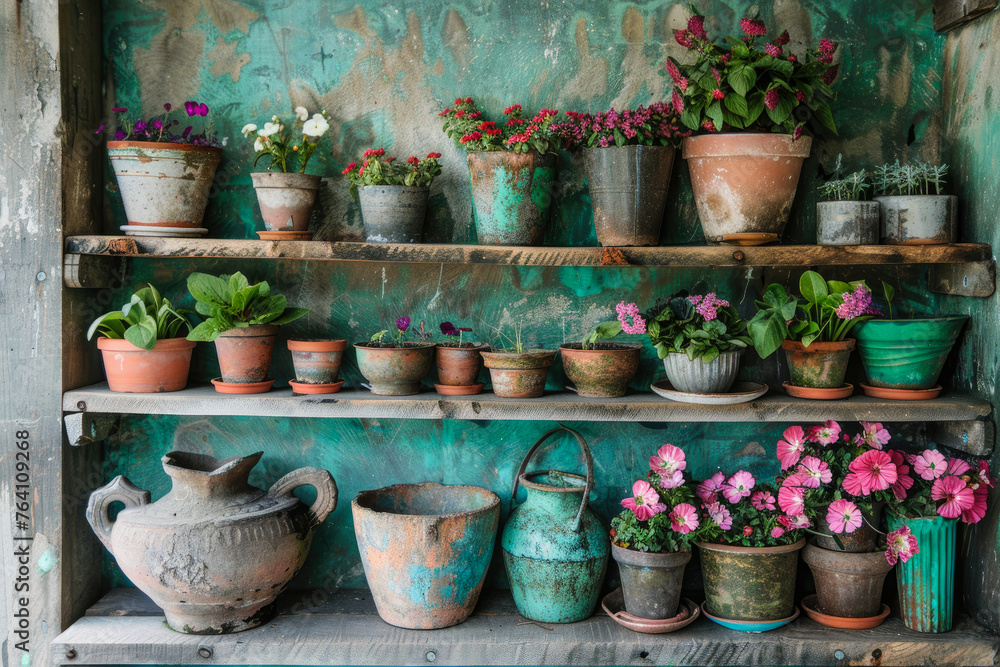Fototapeta premium flowers in flower pots at the dacha