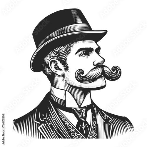 Old fashioned gentleman with mustache and hat sketch engraving generative ai fictional character vector illustration. Scratch board imitation. Black and white image.