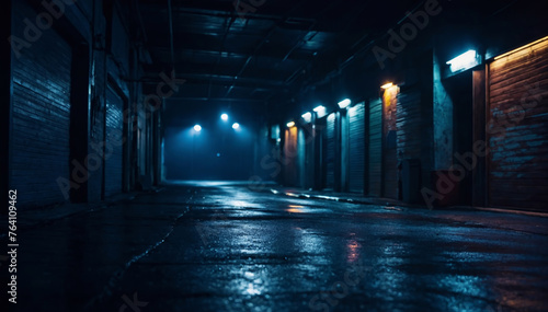 Empty street at night glowing with neon lights, abstract dark background