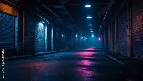 Empty street at night glowing with neon lights, abstract dark background © Mystery