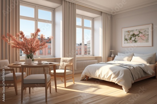 Scandinavian-style bedroom with light wooden furniture, cozy textiles, and natural light ambiance