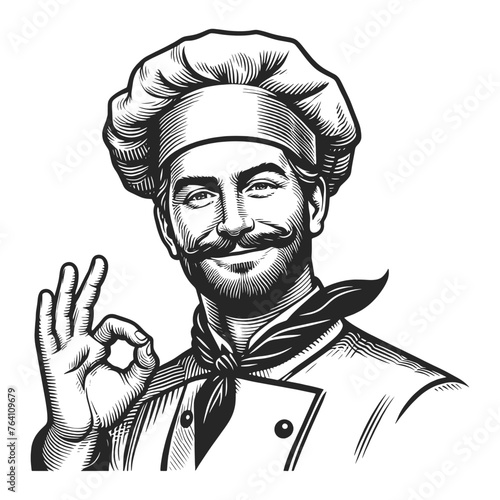 italian or french chef making a perfect taste hand gesture, culinary excellence satisfaction sketch engraving generative ai fictional character vector illustration. Black and white image.