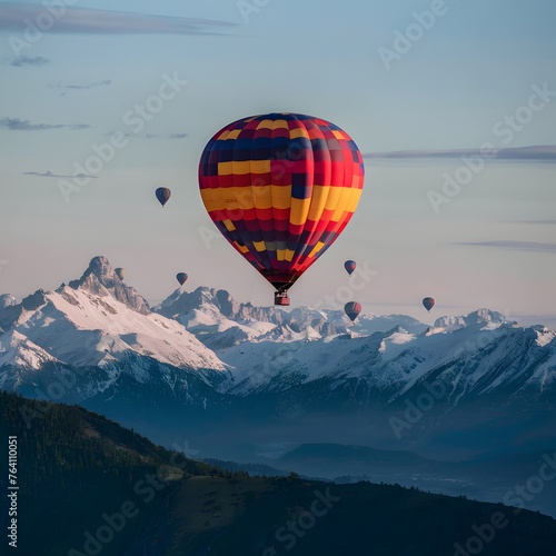 Vibrant hot air balloons soar above majestic mountain peaks For Social Media Post Size © Jawed Gfx