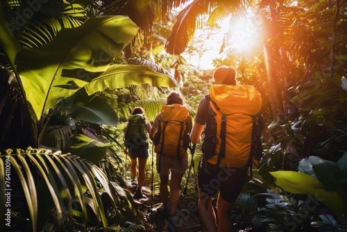 Group of friends with backpacks hiking in a lush green tropical forest bathed in warm sunlight.