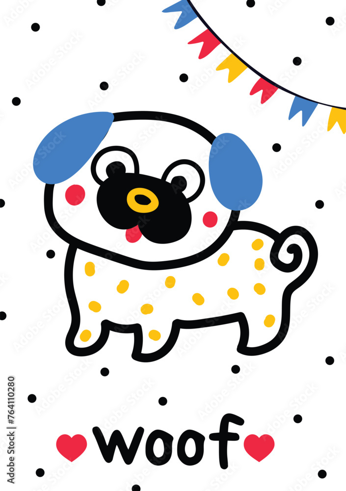 Obraz premium Cute postcard with a dog. Pug. Children's illustration. The poster is cartoon.