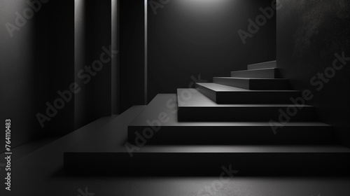 Monochromatic image showcasing a minimalist design of geometric stairs in a dimly lit room.