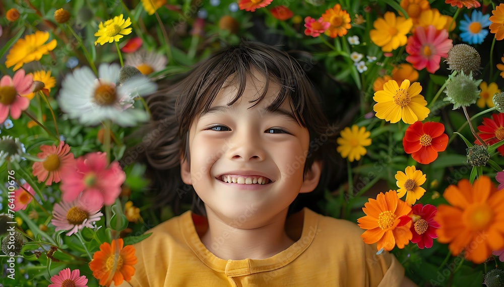 a young boy smiling happily on a flower bed a young boy smiling happily on a flower bed