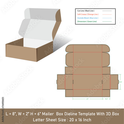Mailer box Size 8x2x6 inch dieline template, vector design (ID: 764110651)