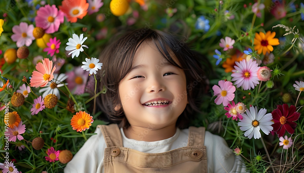 a little girl smiling happily on a flower garden a little girl smiling happily on a flower garden