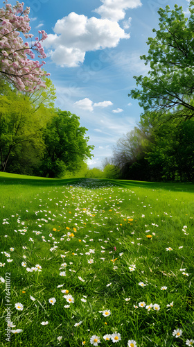 beautiful lawn path in sunlight with white flowers.