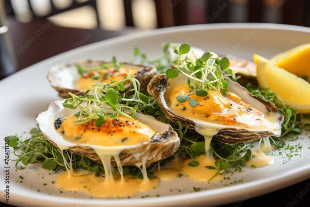 Exquisite gourmet seafood close up of fresh oysters with lemon, elegantly served on a plate Exquisite gourmet seafood close up of fresh oysters with lemon, elegantly served on a plate