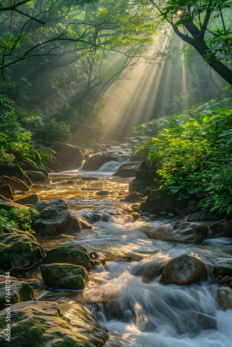 Mountain river, stream with small waterfall with clear turquoise water falling between wet boulders, rocks with thick white foam on an autumn bright day with run rays 