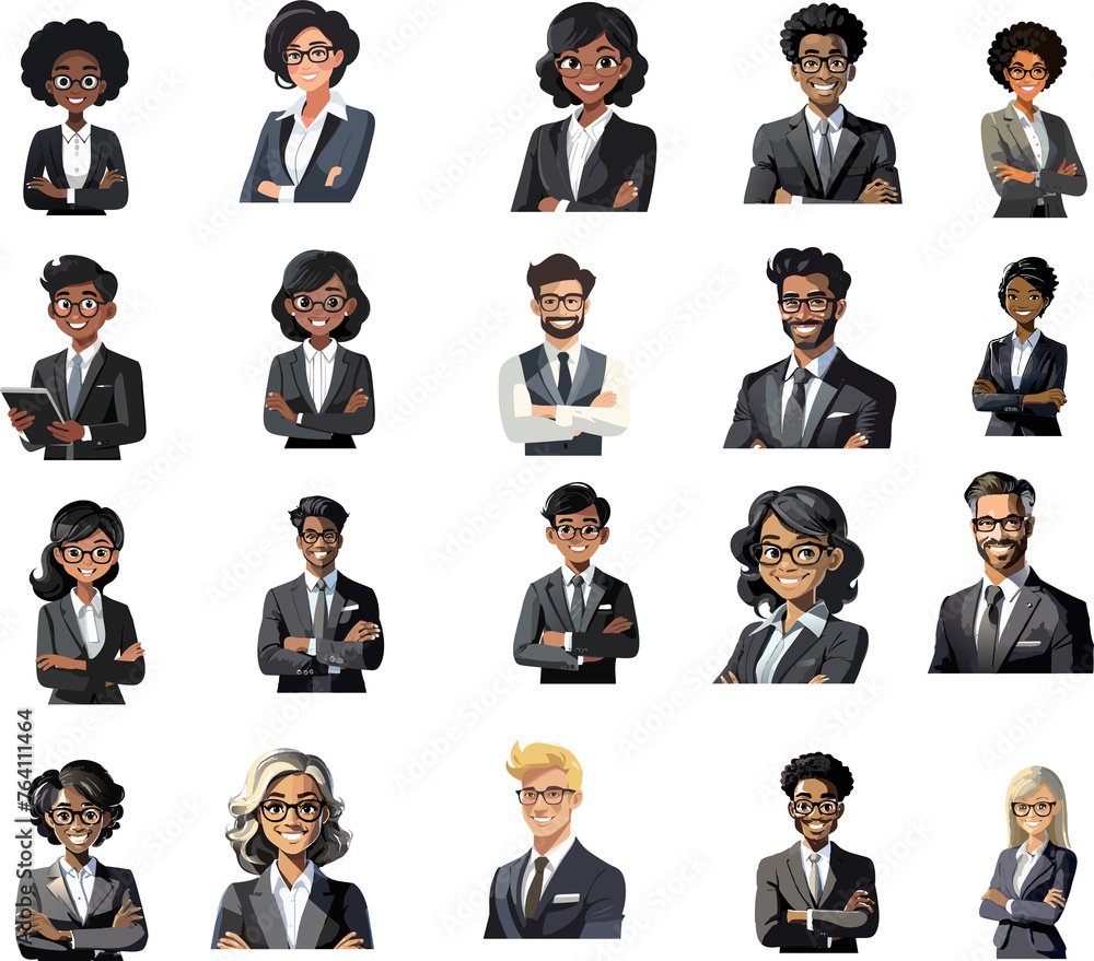 Young Managers Leaders Professionals Employees Vector sheet set on transparent background Diverse leader leadership smiling young man woman Young Managers Leaders Professionals Employees Vector sheet set on transparent background Diverse leader leadership smiling young man woman