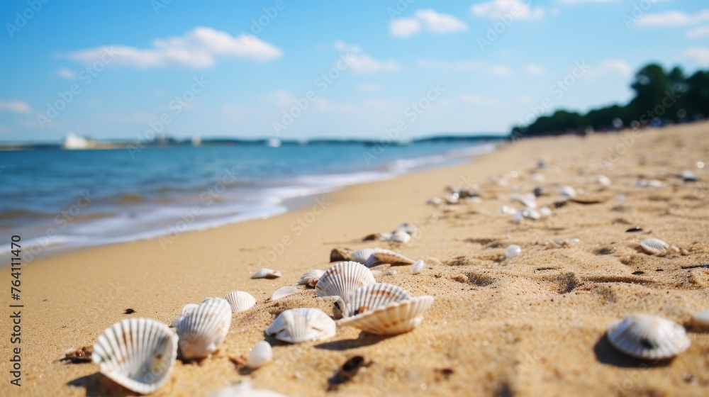 Tranquil beach with scattered shells, serene reminder of coastal beauty, travel concept Tranquil beach with scattered shells, serene reminder of coastal beauty, travel concept