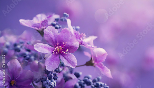 Blooming purple flowers on purple background. Spring season. Floral artistic concept.