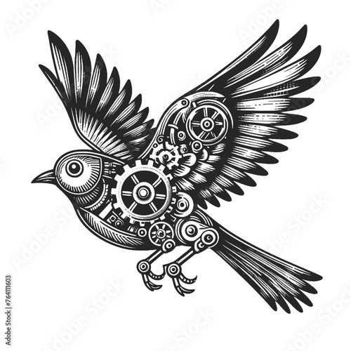 Intricate mechanical bird illustration in a black and white engraving style sketch engraving generative ai fictional character vector illustration. Scratch board imitation. Black and white image.