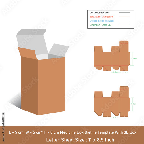 Mini Syrup box Size 5x5x8 cm dieline template, vector design (ID: 764111654)