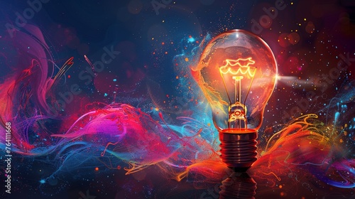 Colorful swirling energy surrounds a vibrant light bulb