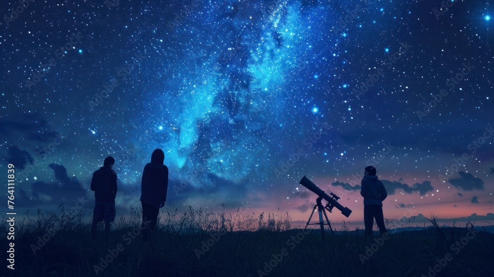 group of people observing stars with a telescope at night on a hill with the starry sky in high resolution and quality
