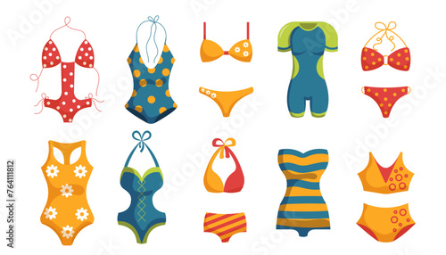 Set of different types Women's Swimwear. Swimwear collection. Split, One-piece and Sport swimsuit. Vector illustration isolated on white background