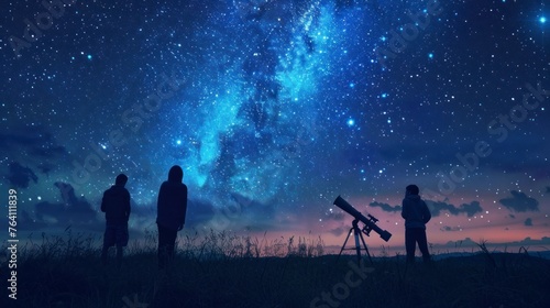 group of people observing stars with a telescope at night on a hill with the starry sky in high resolution and quality