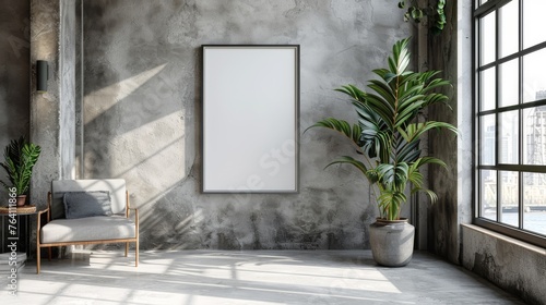 single wooden frame mockup on the wall  tree and vase chair modern and bright space.