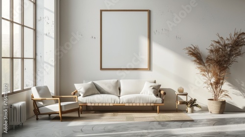 warm light single wooden frame mockup on the wall  modern and bright space.