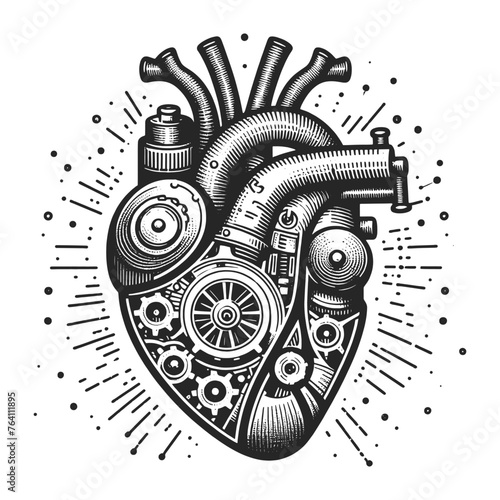 heart with intricate steampunk gears and mechanical components. Sketch engraving generative ai vector illustration. Scratch board imitation. Black and white image.