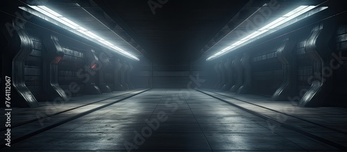 Capture of a subway station s dimly illuminated platform as a train emerges from the tunnel