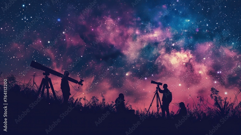 group of people observing stars with a telescope at night