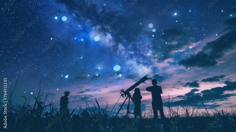 group of people observing stars with a telescope at night on a hill with the starry sky in high resolution and high quality HD group of people observing stars with a telescope at night on a hill with the starry sky in high resolution and high quality HD