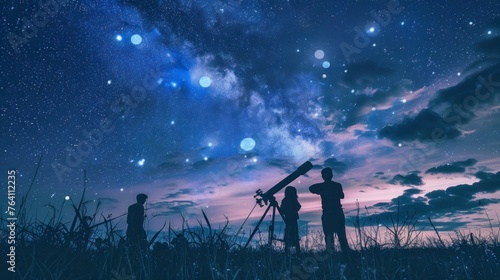 group of people observing stars with a telescope at night on a hill with the starry sky in high resolution and high quality HD