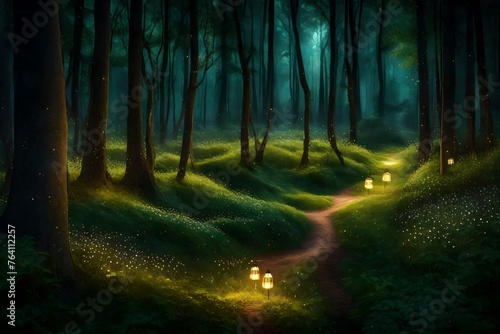 A serene forest glade illuminated by the soft glow of fireflies at dusk, creating a magical and enchanting ambiance in the woods.