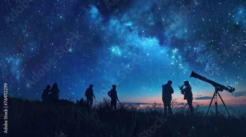 group of people observing stars with a telescope at night on a hill