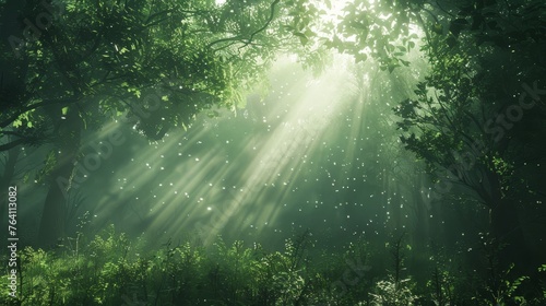 The environment: A tranquil forest scene with sunlight filtering through the canopy