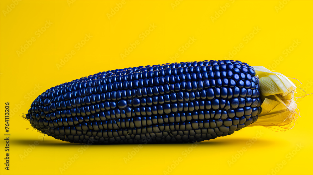 Close-up, a cob of blue corn on a yellow background creates a fascinating contrast that attracts attention and adds aesthetic charm to the image. Close-up, a cob of blue corn on a yellow background creates a fascinating contrast that attracts attention and adds aesthetic charm to the image.