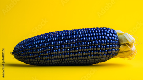 Close-up, a cob of blue corn on a yellow background creates a fascinating contrast that attracts attention and adds aesthetic charm to the image. photo
