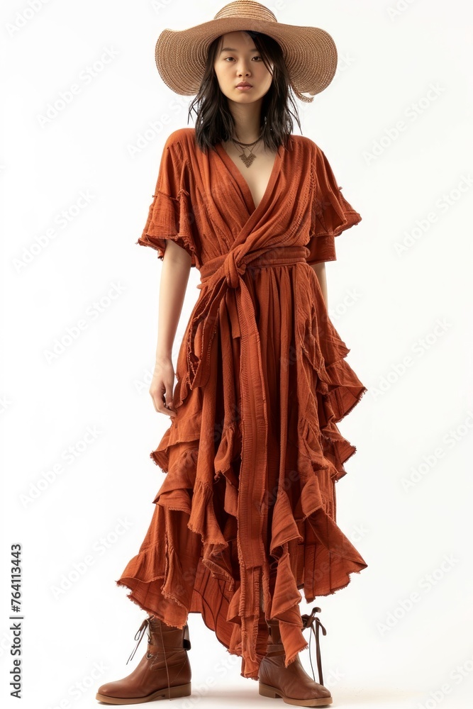 Portrait of a pretty young woman super model of Korean ethnicity draped in a rust-colored wrap dress with ruffle detailing, styled with a wide belt, floppy hat, and ankle boots