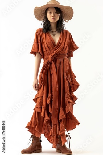 Portrait of a pretty young woman super model of Korean ethnicity draped in a rust-colored wrap dress with ruffle detailing, styled with a wide belt, floppy hat, and ankle boots