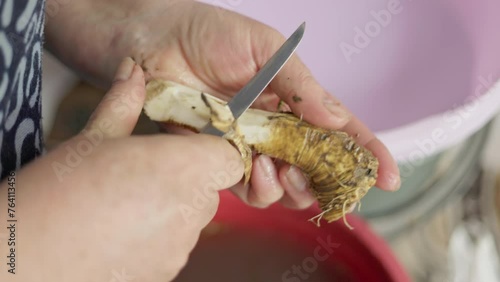 grandma peeling horseradish with a kitchen knife, closeup with slow motion photo