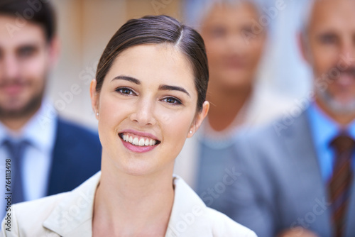 Business woman, portrait and leadership for confidence, teamwork and about us in office, workplace or law firm. Face of lawyers, employees and group of people with smile or happy for career or values