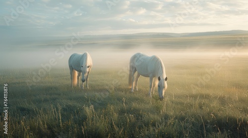 The white horse on the grassland in the morning  with the light dust  the scenery is large