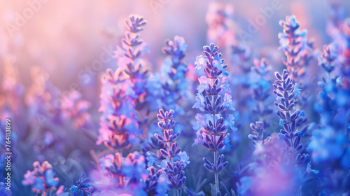 A field of lavender flowers with a soft pink and blue hue