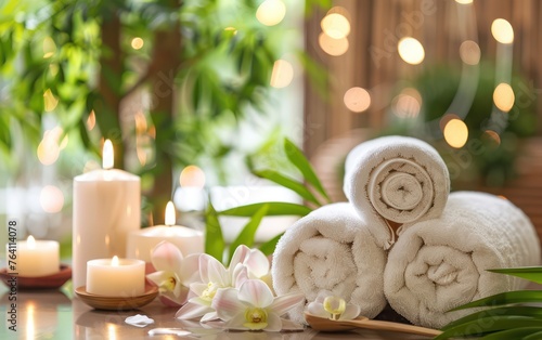 elegant health spa background concept with candle, towel and flower, perfect for promotional banners advertising spa service