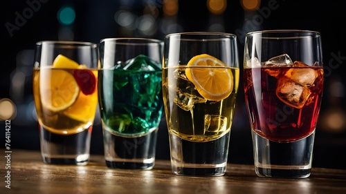 A row of glasses filled with different types of drinks. Ai ganerated image photo