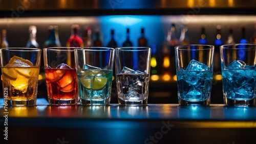 A row of glasses filled with different types of drinks. Ai ganerated image