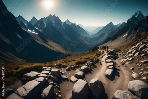 A rugged mountain path winding through rocky terrain, leading towards a panoramic vista of endless peaks. photo