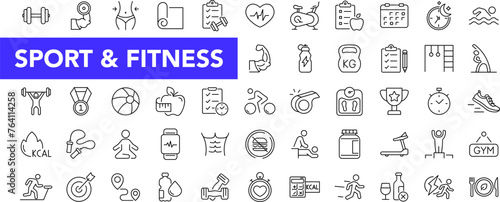 Sport and Fitness icon set with editable stroke. Gym and fitness thin line icon collection. Vector illustration