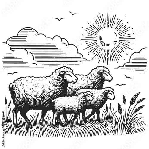 sheep grazing in a meadow field under a bright sun with fluffy clouds overhead sketch engraving generative ai fictional character vector illustration. Scratch board imitation. Black and white image.